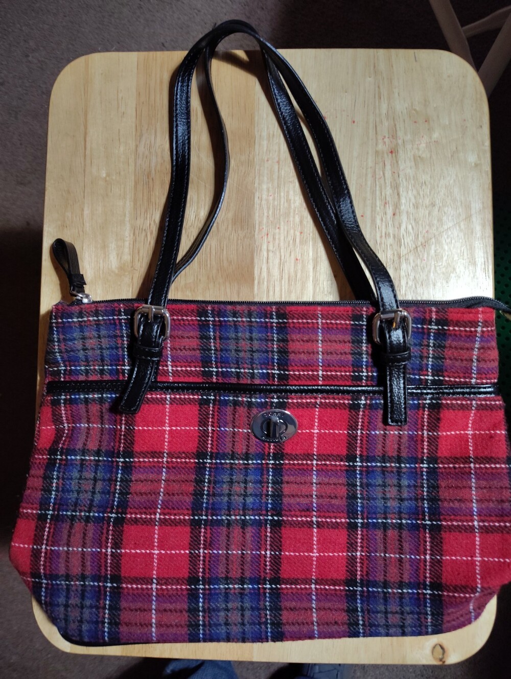 Tommy Hilfiger Red Plaid Fabric & Faux Leather Shoulder Bag Satchel Purse Pocket